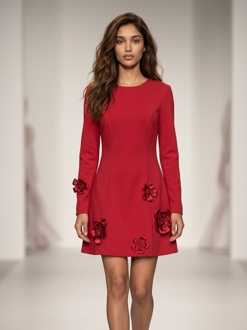 Badgley Mischka Red Long Sleeve A-Line Dress with Floral Appliqués
